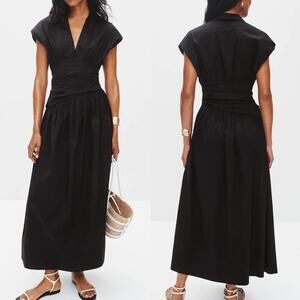 Summer Away Black 100% Cotton drape Waist Cap Sleeve "Ida" V-Neck Dress - SM